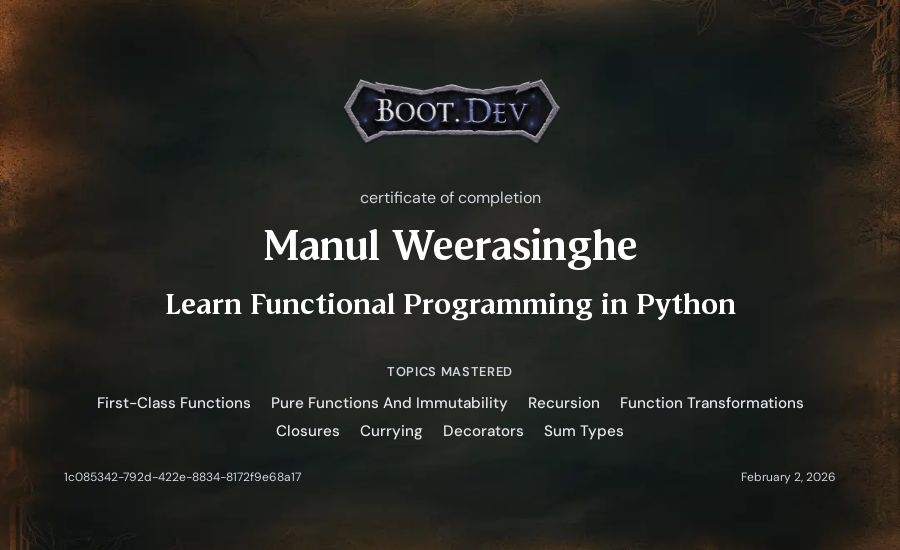 Manul Weerasinghe's Boot.dev Learn Functional Programming in Python certificate