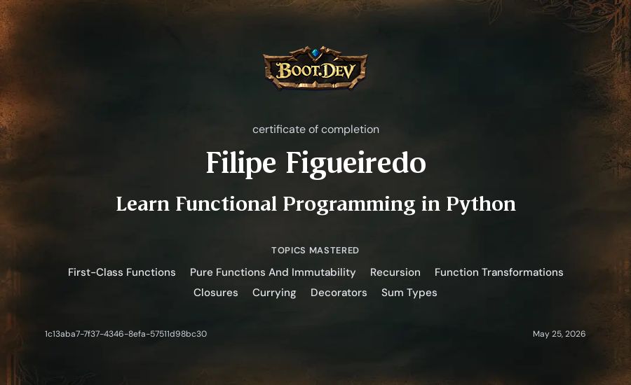 Filipe Figueiredo's Boot.dev Learn Functional Programming in Python certificate
