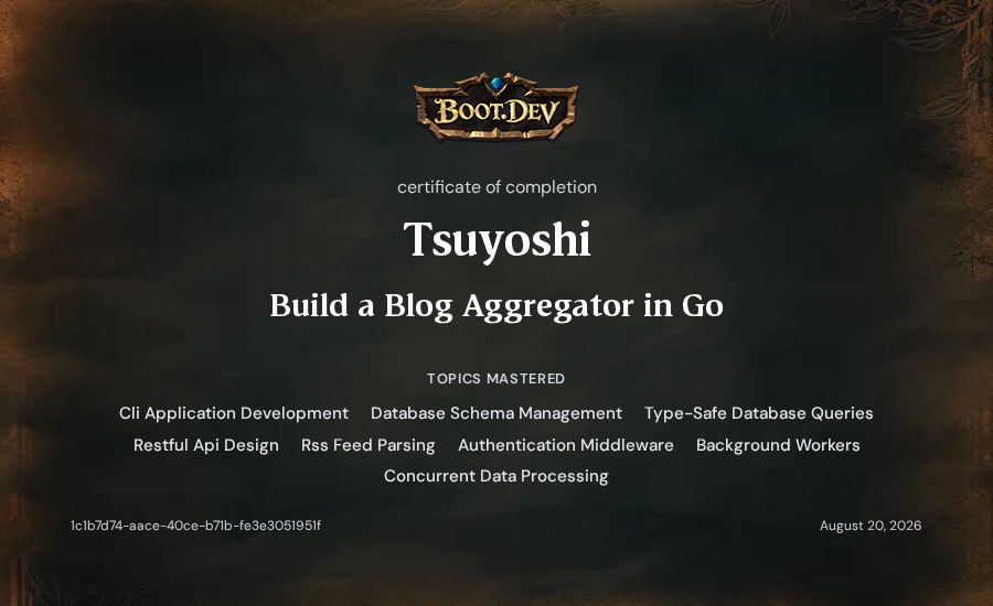 Tsuyoshi's Boot.dev Build a Blog Aggregator in Go certificate