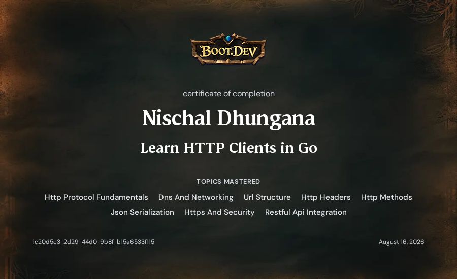 Nischal Dhungana's Boot.dev Learn HTTP Clients in Go certificate
