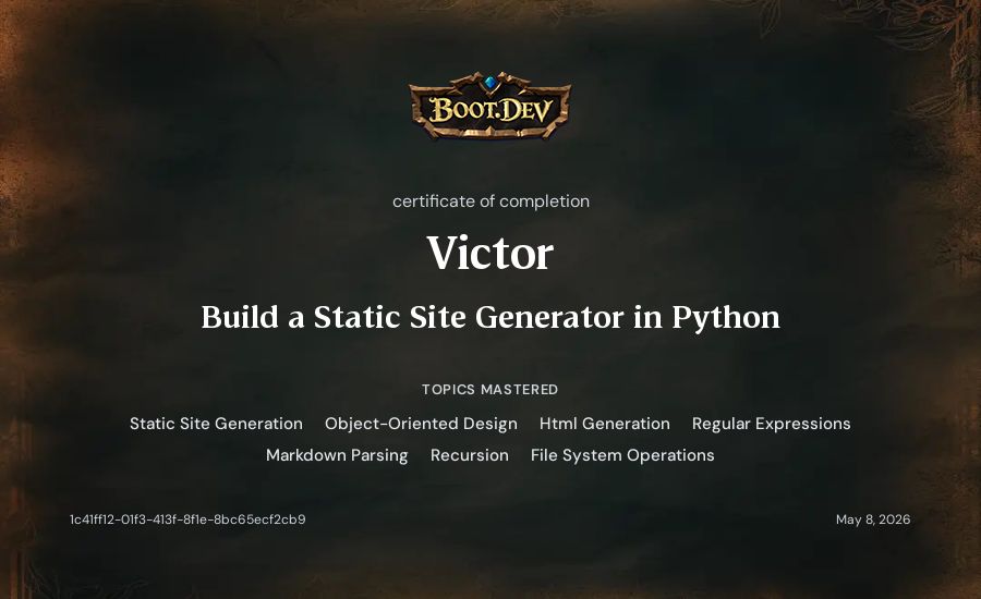 Victor's Boot.dev Build a Static Site Generator in Python certificate
