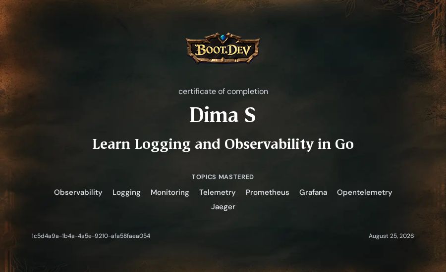 Dima S's Boot.dev Learn Logging and Observability in Go certificate