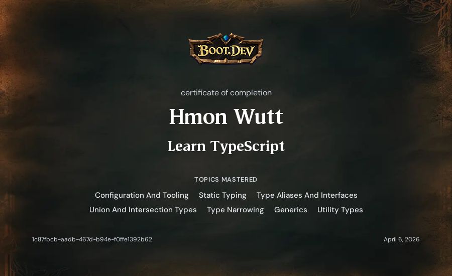Hmon Wutt's Boot.dev Learn TypeScript certificate