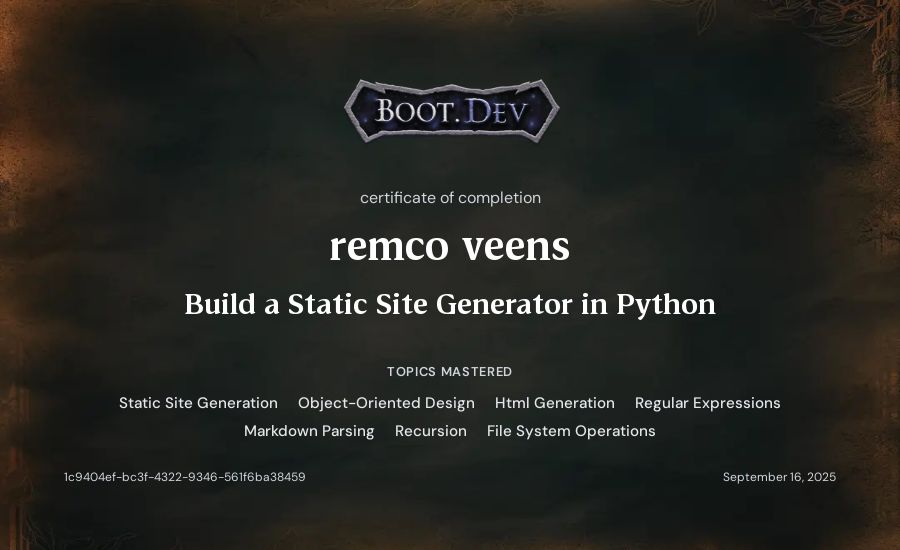 remco veens's Boot.dev Build a Static Site Generator in Python certificate