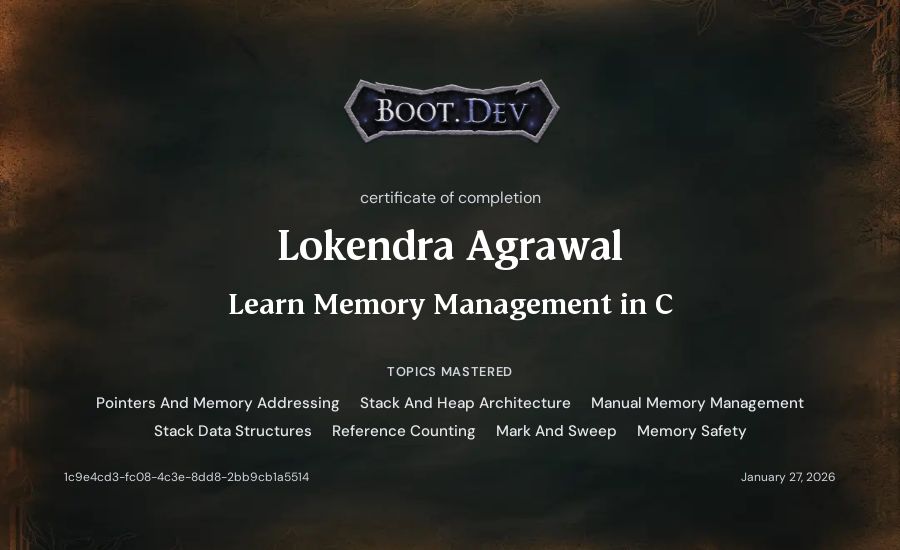Lokendra Agrawal's Boot.dev Learn Memory Management in C certificate