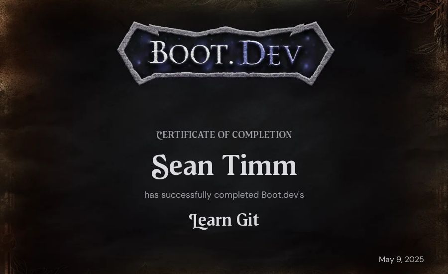 Sean Timm's Boot.dev Learn Git certificate