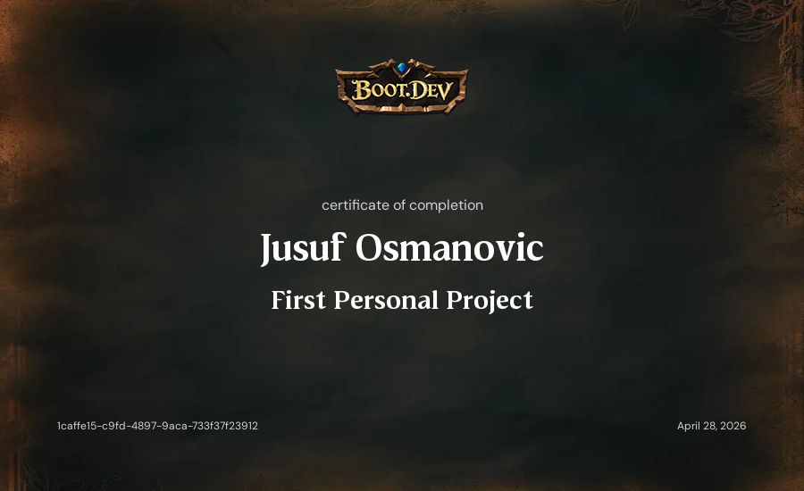 Jusuf Osmanovic's Boot.dev First Personal Project certificate