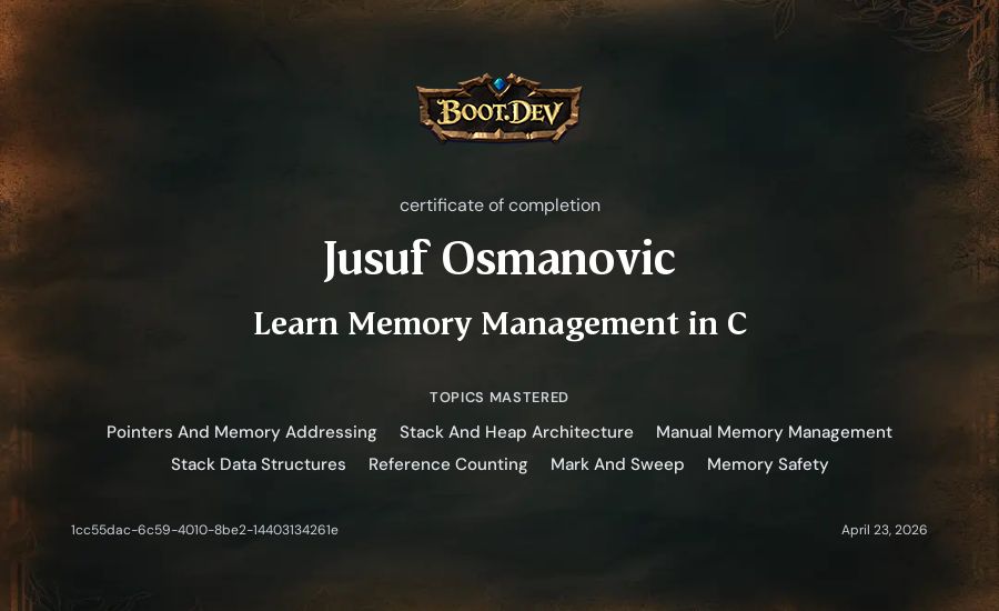 Jusuf Osmanovic's Boot.dev Learn Memory Management in C certificate