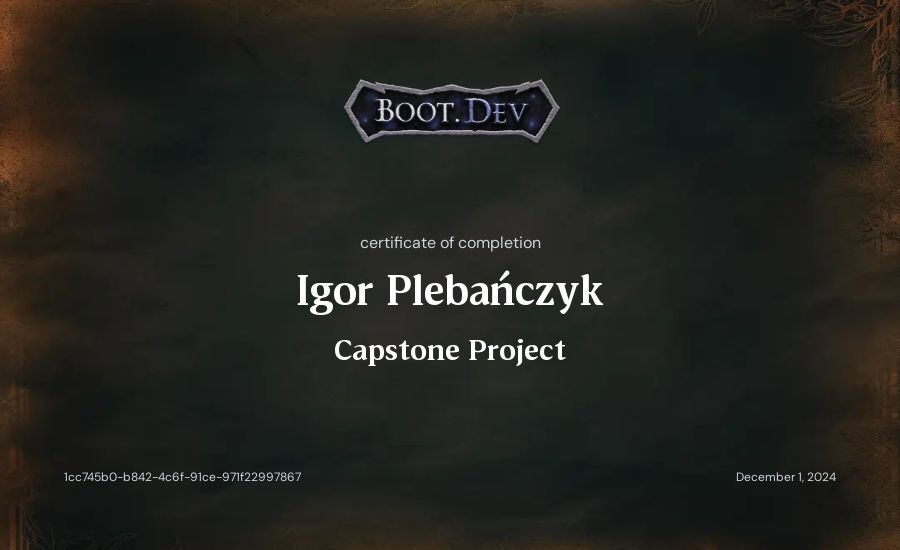 Igor Plebańczyk's Boot.dev Capstone Project certificate
