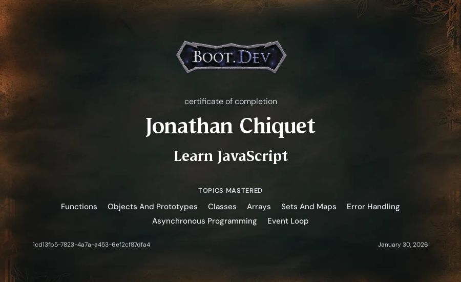 Jonathan Chiquet's Boot.dev Learn JavaScript certificate