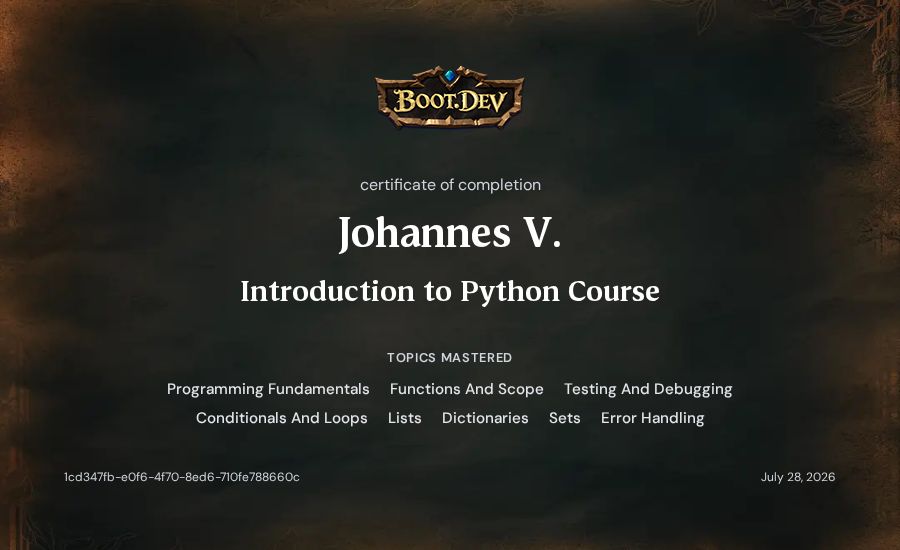 Johannes V.'s Boot.dev Introduction to Python Course certificate