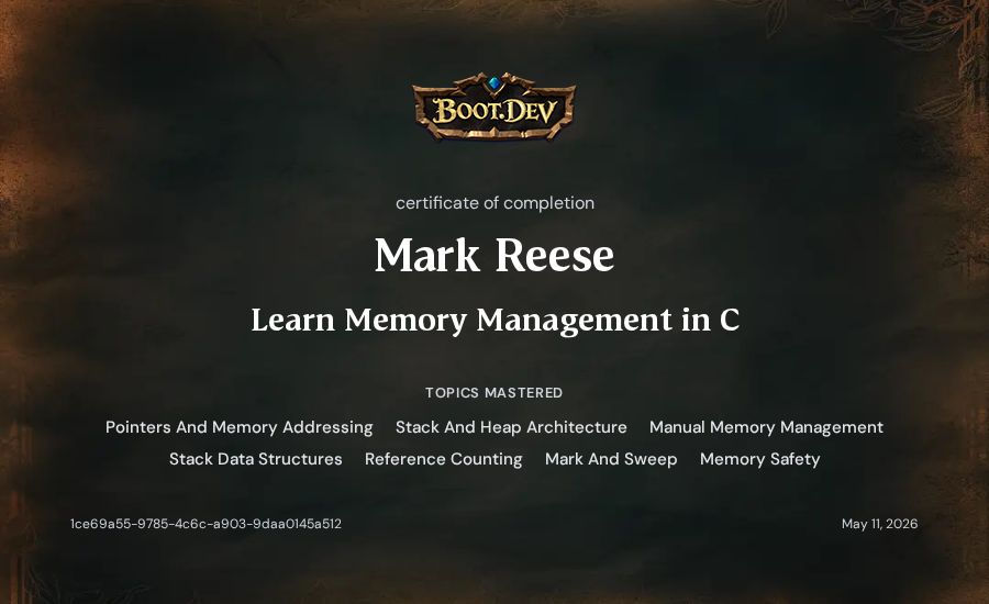 Mark Reese's Boot.dev Learn Memory Management in C certificate