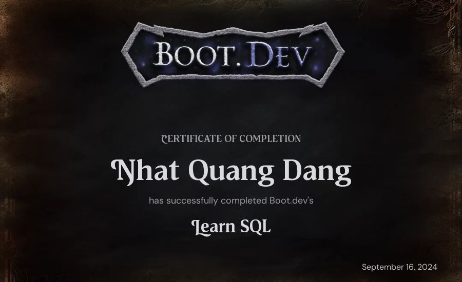 Nhat Quang Dang's Boot.dev Learn SQL certificate