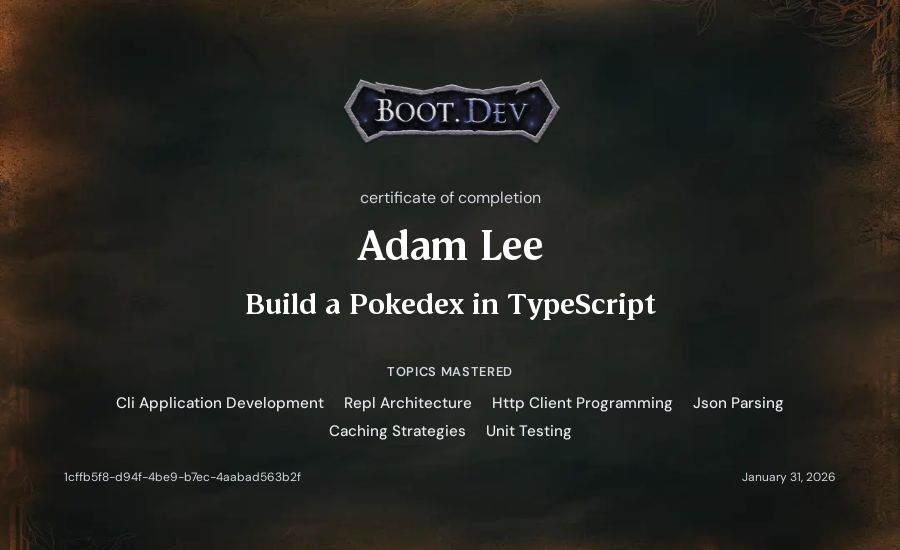 Adam Lee's Boot.dev Build a Pokedex in TypeScript certificate