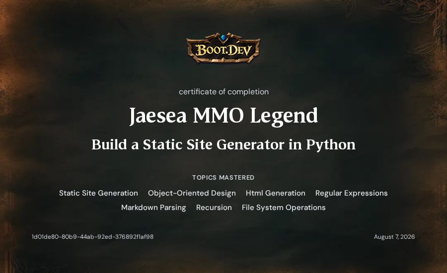 Jaesea MMO Legend's Boot.dev Build a Static Site Generator in Python certificate