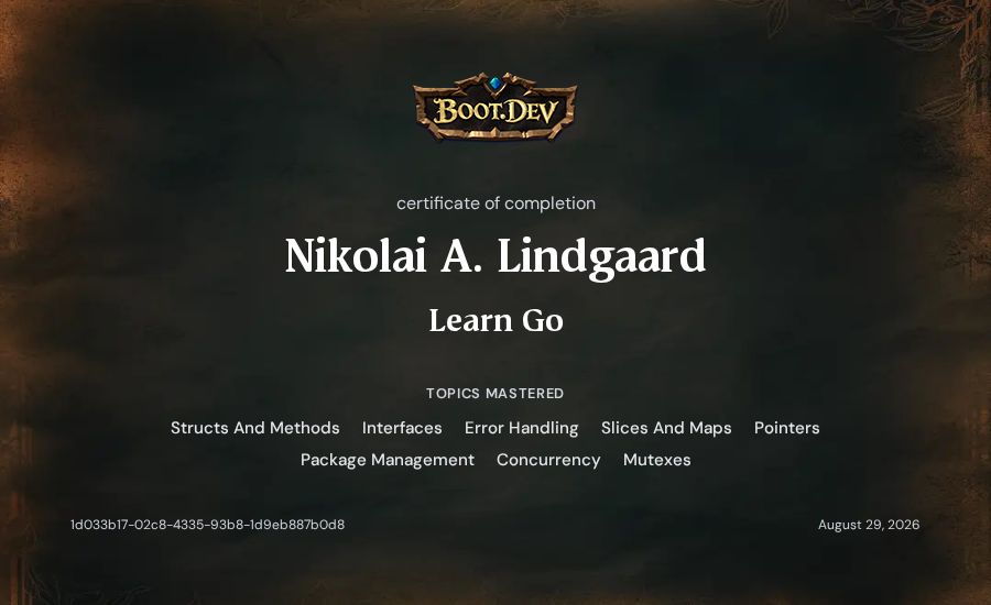 Nikolai A. Lindgaard's Boot.dev Learn Go certificate