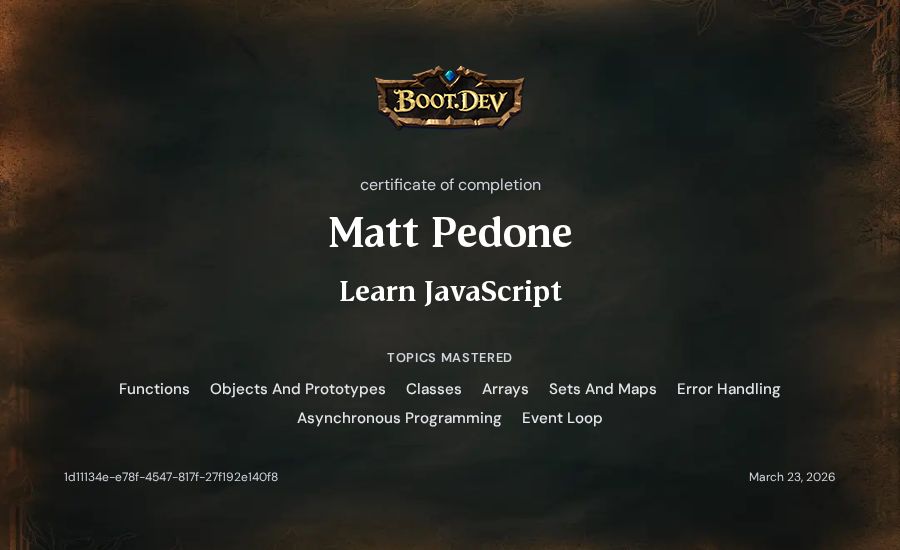 Matt Pedone's Boot.dev Learn JavaScript certificate