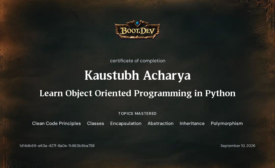 Kaustubh Acharya's Boot.dev Learn Object Oriented Programming in Python certificate