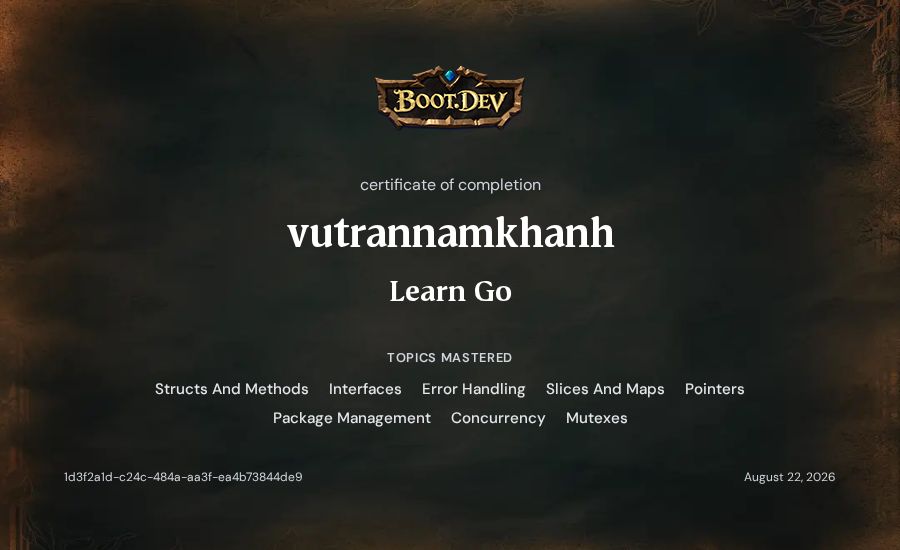 vutrannamkhanh's Boot.dev Learn Go certificate