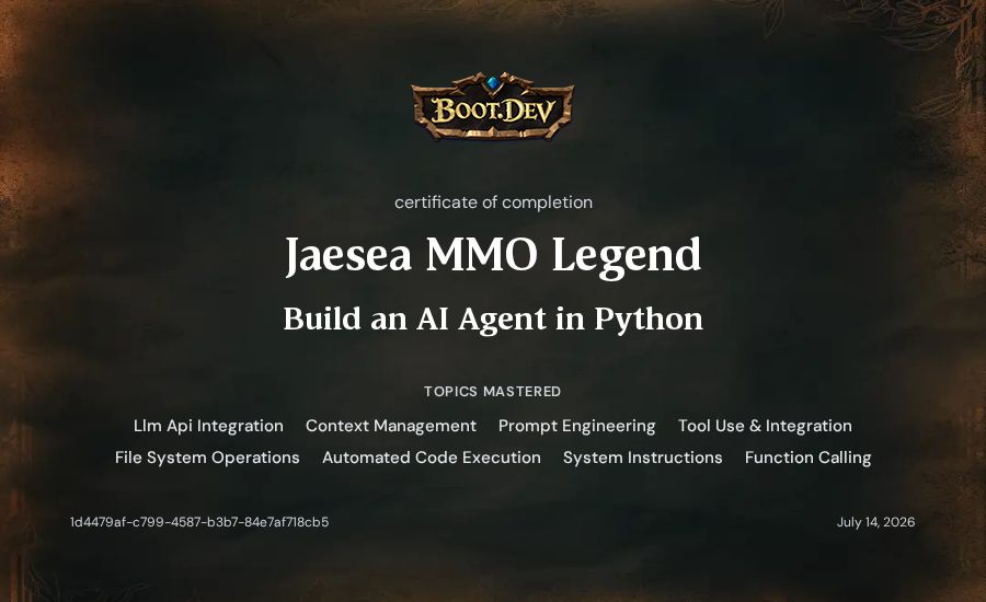 Jaesea MMO Legend's Boot.dev Build an AI Agent in Python certificate