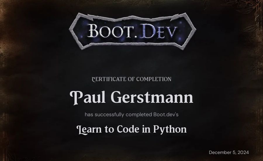 Paul Gerstmann's Boot.dev Introduction to Python Course certificate