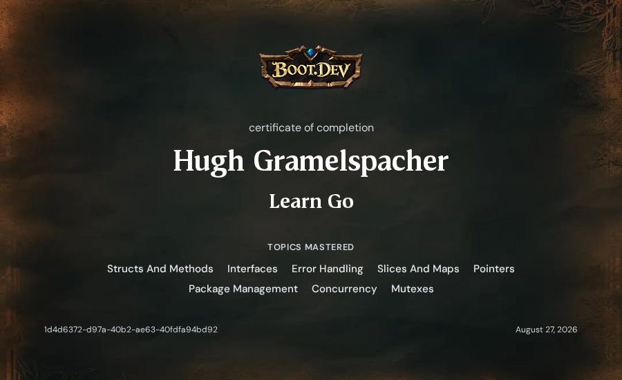 Hugh Gramelspacher's Boot.dev Learn Go certificate
