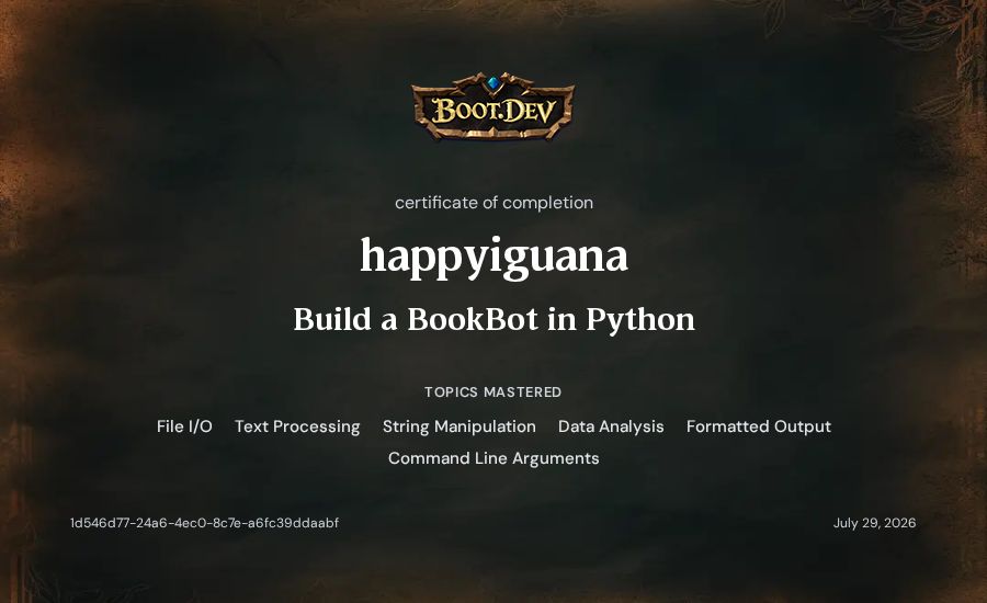 happyiguana's Boot.dev Build a BookBot in Python certificate