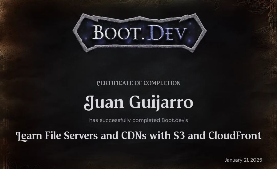 Juan Guijarro's Boot.dev Learn File Servers and CDNs with S3 and CloudFront certificate