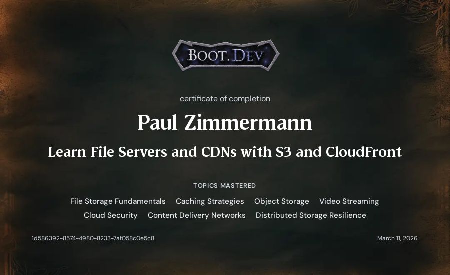 Paul Zimmermann's Boot.dev Learn File Servers and CDNs with S3 and CloudFront certificate