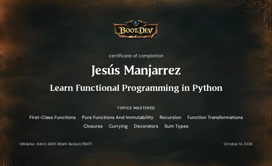 Jesús Manjarrez's Boot.dev Learn Functional Programming in Python certificate