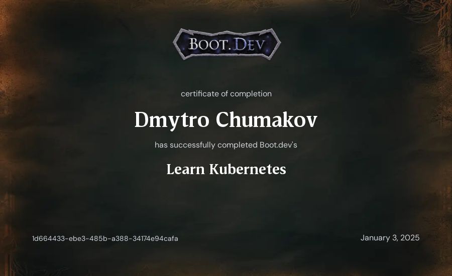 Dmytro Chumakov's Boot.dev Learn Kubernetes certificate