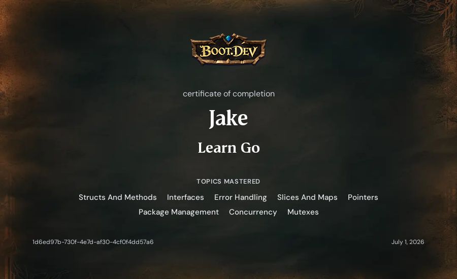 Jake's Boot.dev Learn Go certificate