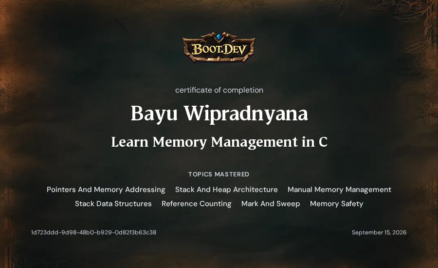 Bayu Wipradnyana's Boot.dev Learn Memory Management in C certificate
