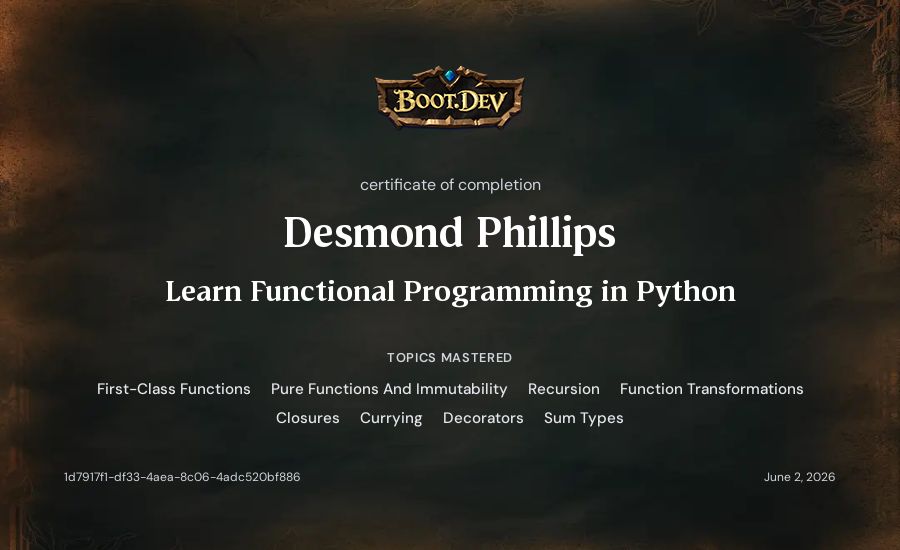 Desmond Phillips's Boot.dev Learn Functional Programming in Python certificate