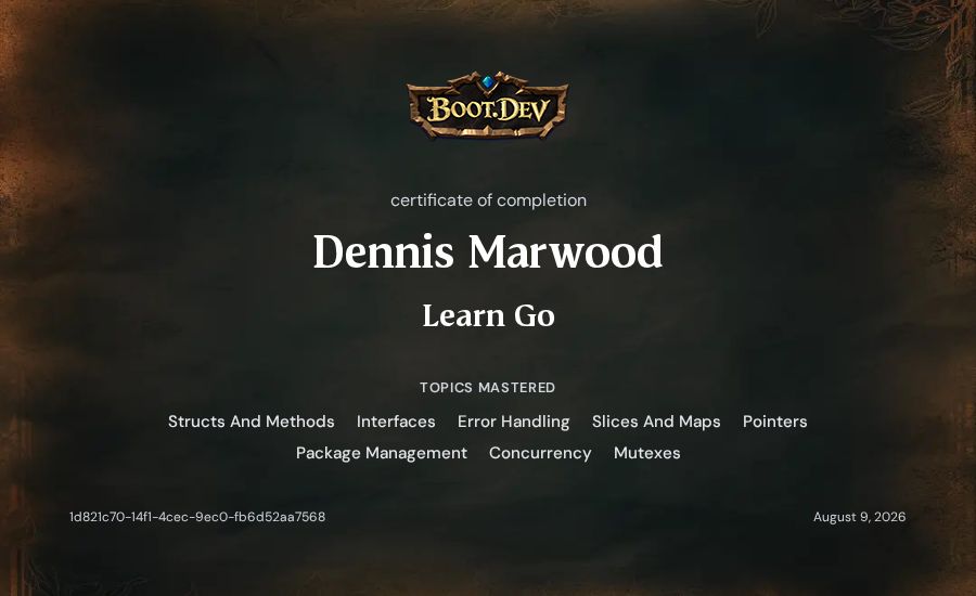 Dennis Marwood's Boot.dev Learn Go certificate