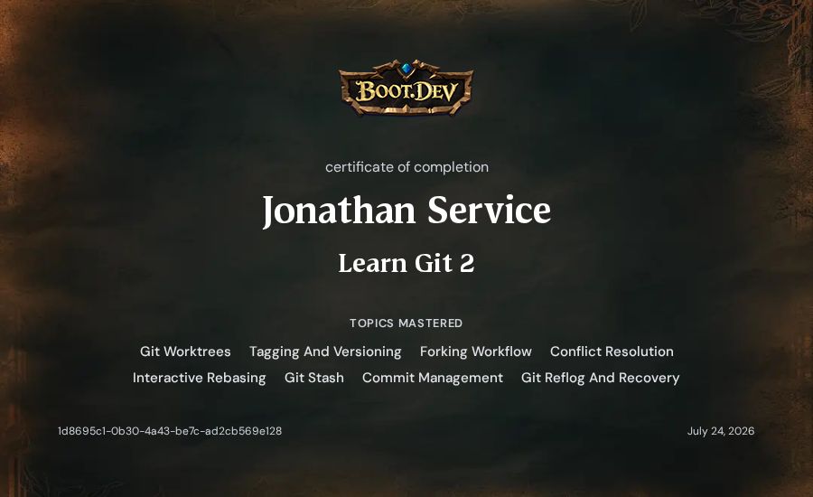Jonathan Service's Boot.dev Learn Git 2 certificate