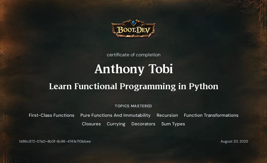 Anthony Tobi's Boot.dev Learn Functional Programming in Python certificate
