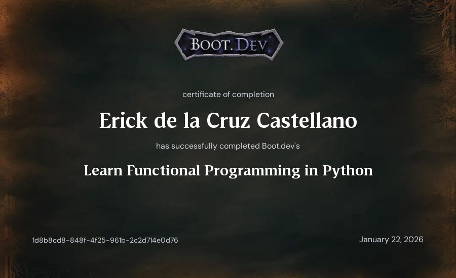 Erick de la Cruz Castellano's Boot.dev Learn Functional Programming in Python certificate