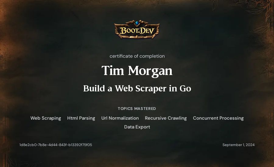 Tim Morgan's Boot.dev Build a Web Scraper in Go certificate