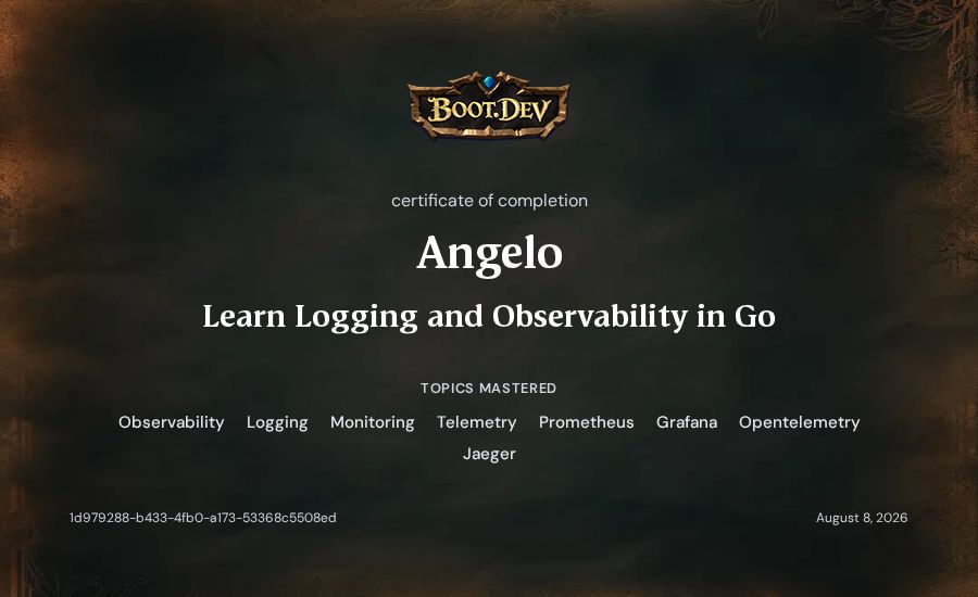 Angelo's Boot.dev Learn Logging and Observability in Go certificate