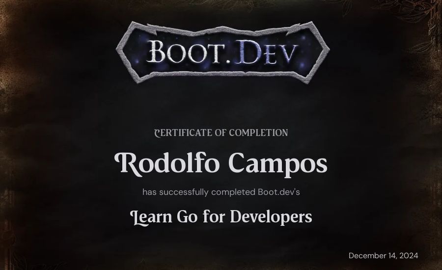 Rodolfo Campos's Boot.dev Learn Go certificate