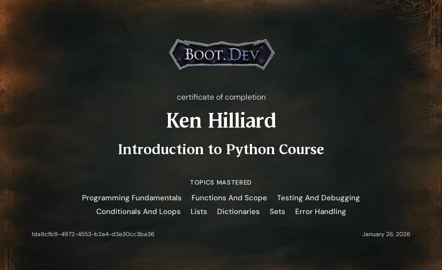 Ken Hilliard's Boot.dev Introduction to Python Course certificate