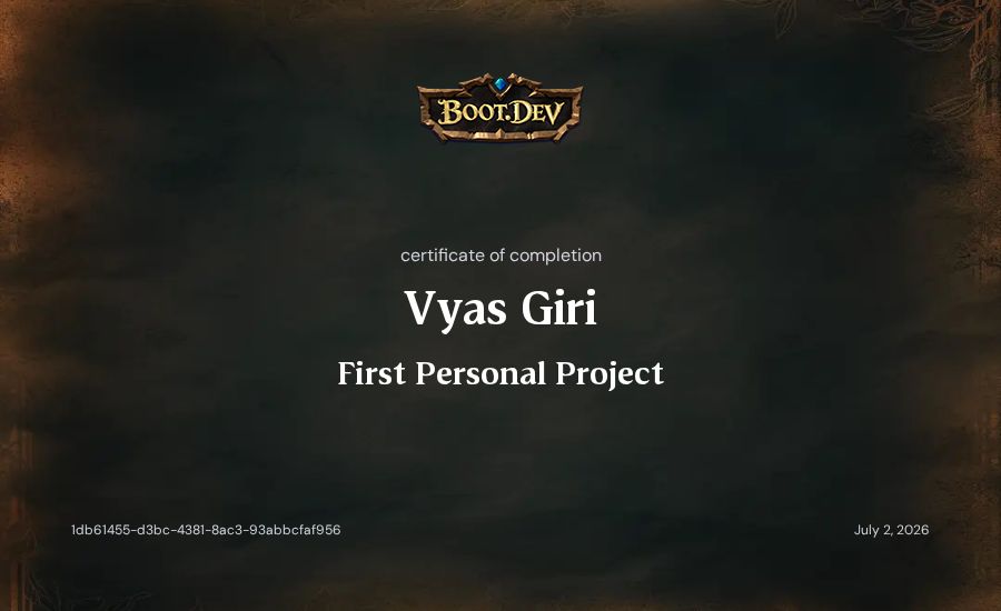 Vyas Giri's Boot.dev First Personal Project certificate