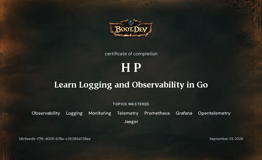 H P's Boot.dev Learn Logging and Observability in Go certificate