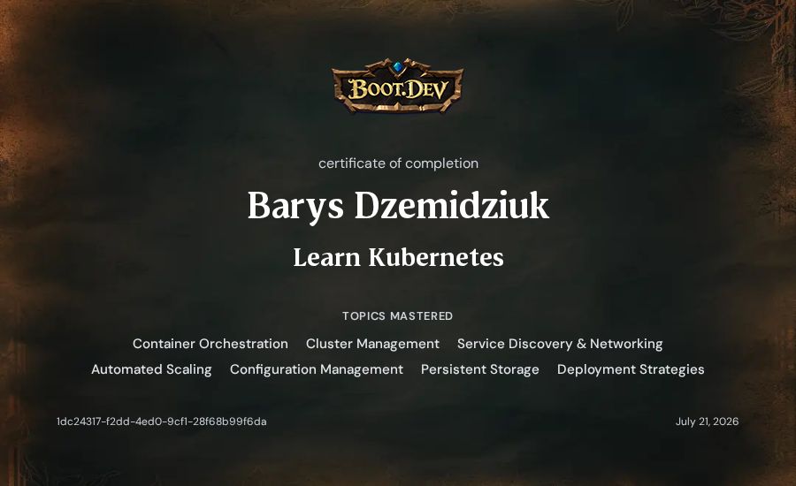 Barys Dzemidziuk's Boot.dev Learn Kubernetes certificate