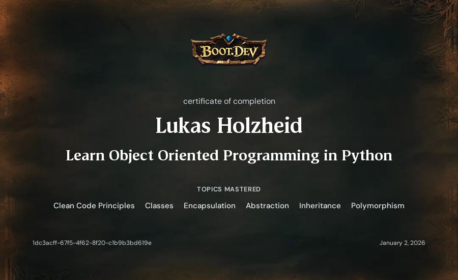 Lukas Holzheid's Boot.dev Learn Object Oriented Programming in Python certificate