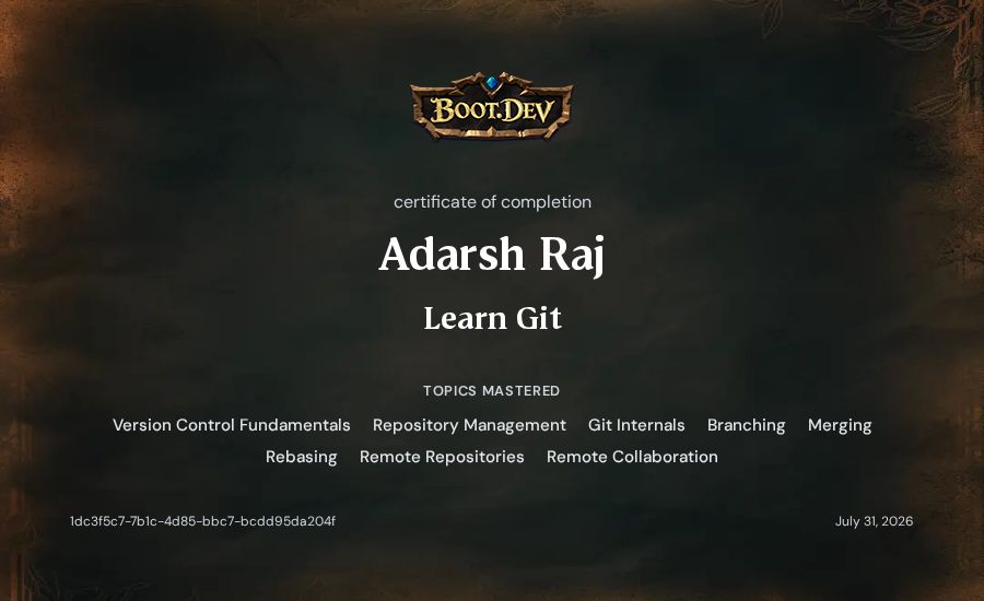Adarsh Raj's Boot.dev Learn Git certificate