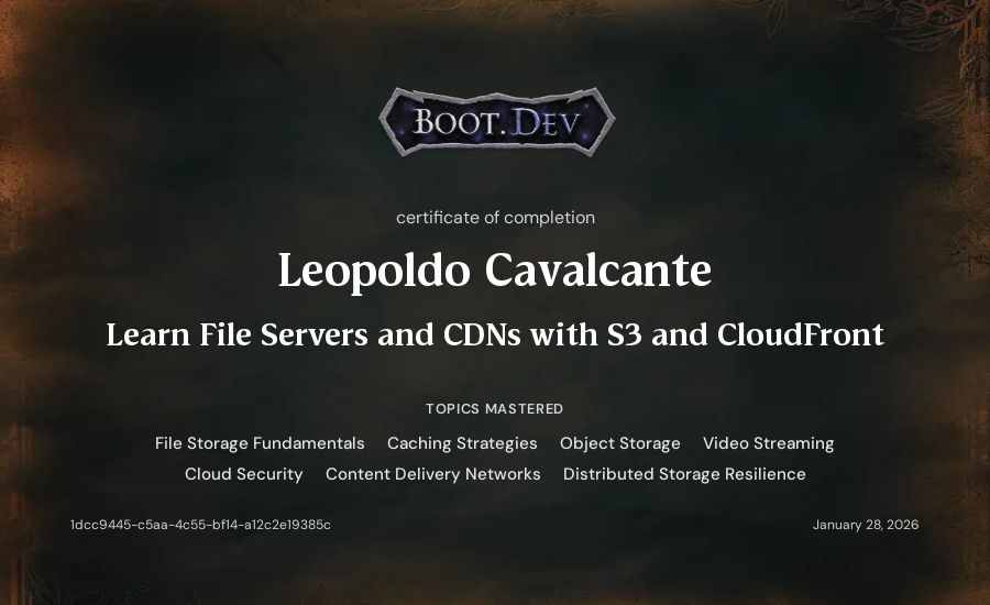 Leopoldo Cavalcante's Boot.dev Learn File Servers and CDNs with S3 and CloudFront certificate