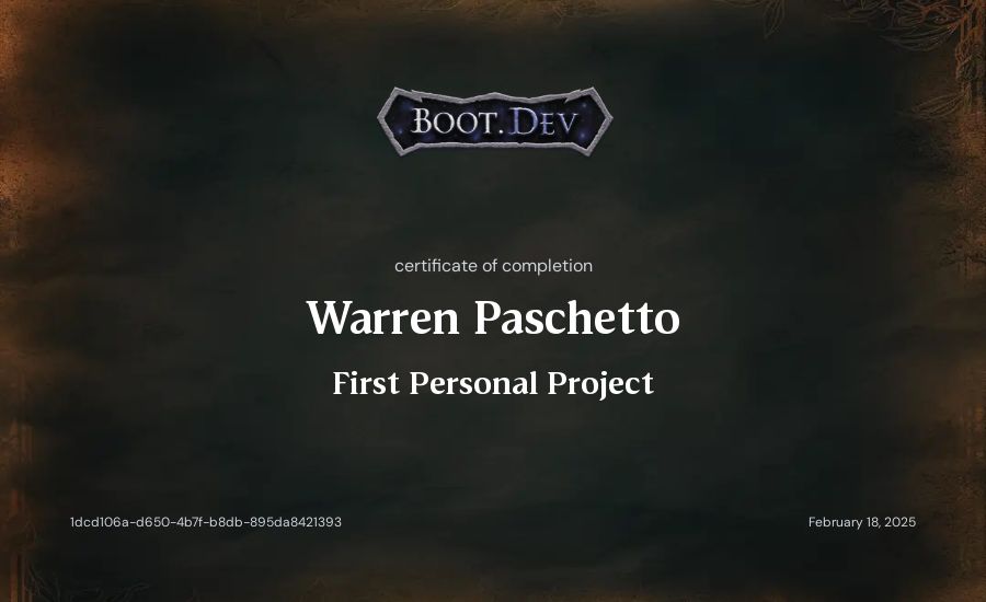 Warren Paschetto's Boot.dev First Personal Project certificate