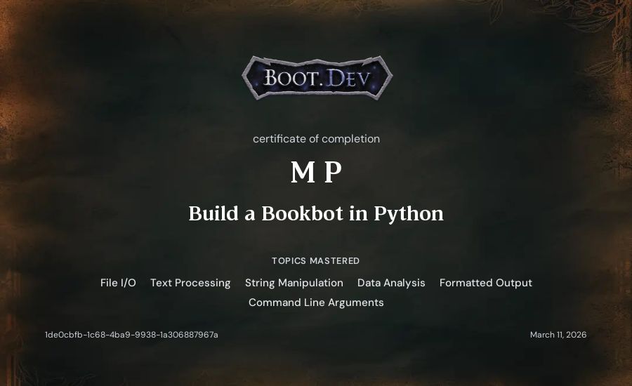 M P's Boot.dev Build a BookBot in Python certificate
